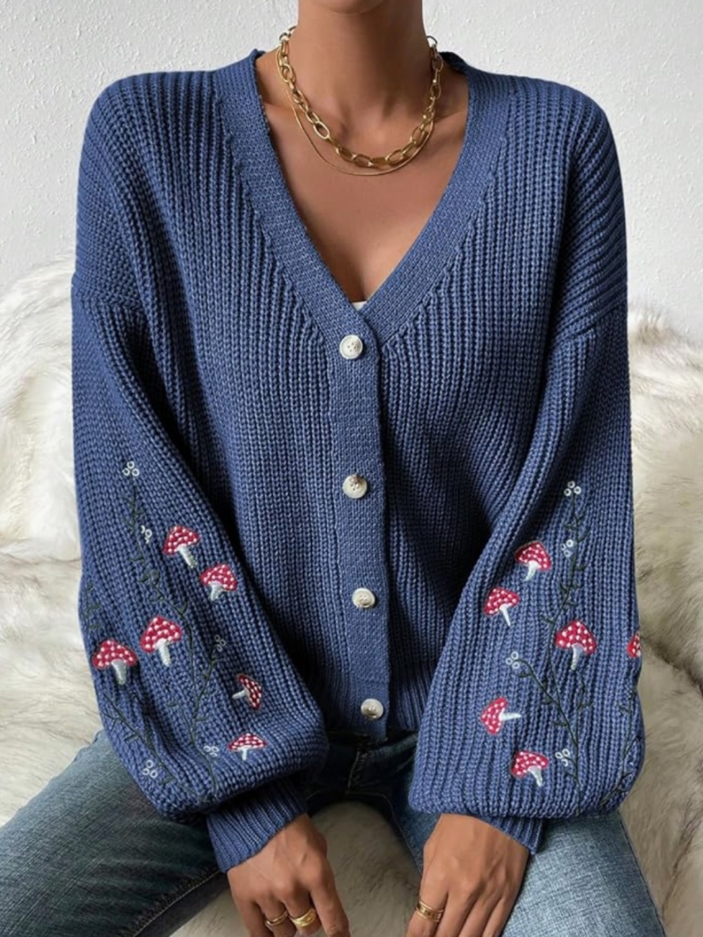 Blue V-Neck Embroidered Mushroom Cardigan Sweater
